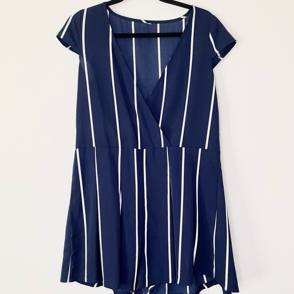 Navy Blue and White Vertical Stripe Romper size M